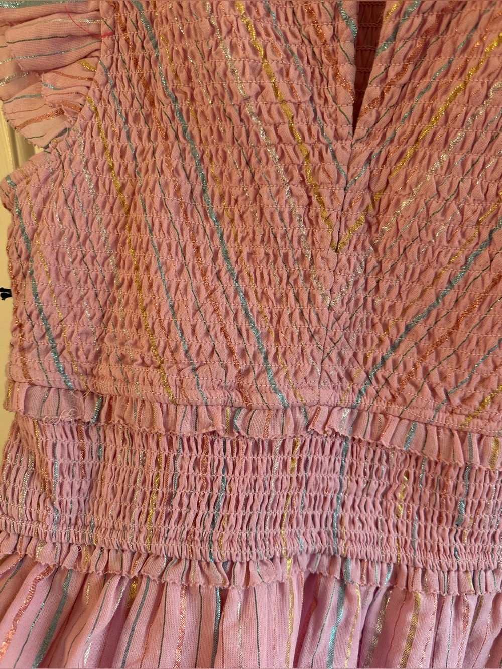 SAYLOR Med Feminine Romantic Zinnia Lavender Metallic Cotton Smocked Mini Dress - Picture 14 of 16